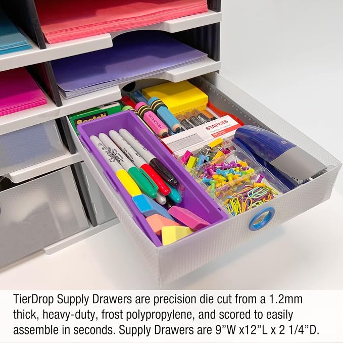 Ultimate Office TierDrop Supply Drawers, 9w x 12d x 2.25h, Set of 3, Clear | Color-coded finger rings for easy access to contents; stores desk accessories and supplies; designed for TierDrop organizers