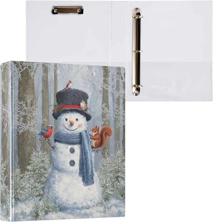 Woodland Animal and Cute Snowman Binder 3 Ring 1.5 Inch Binder with Clipboard&Pockets, Hardcover Binders Heavy Duty Large File Folder for Office School Supplies - Holds 200 Sheets