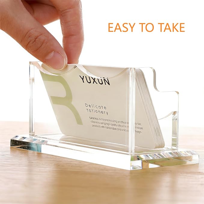 YUXUN Acrylic Business Card Holder for Desk, Business Cards Holder Organizer for women, Clear Business Card Display Stand, 8mm Thicken Acrylic Base, 50+ Business Cards for Office Exhibition Home