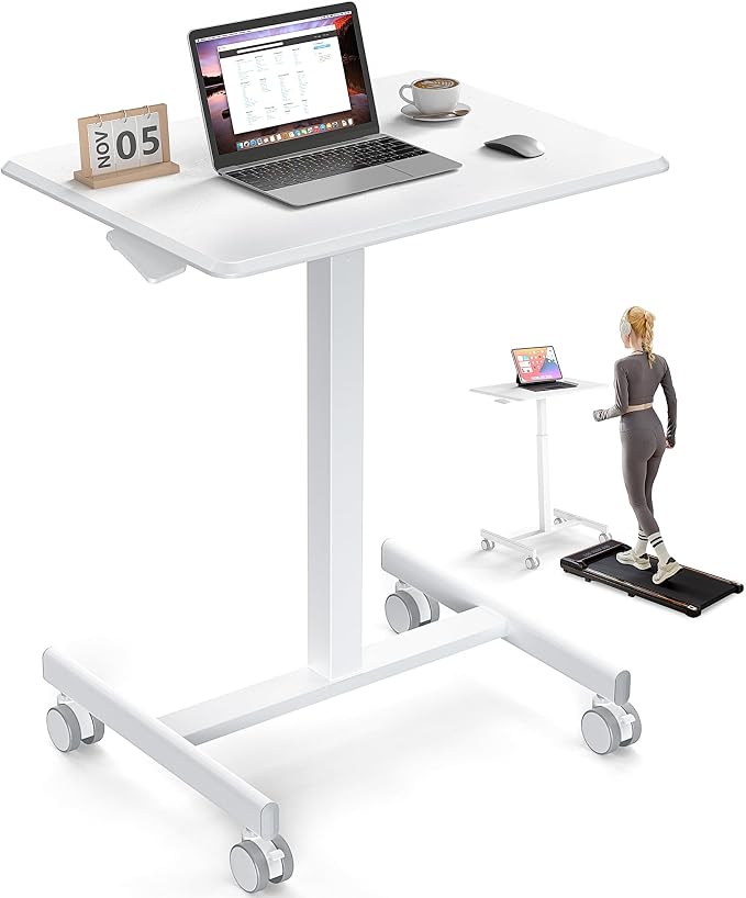 DUMOS Mobile Rolling Desk with Wheels Adjustable Height | Small Standing Desks Portable Laptop PC Table, Computer Workstation for Home Office Small Space, White