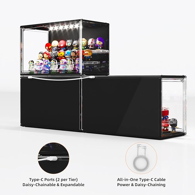 Acrylic Display Case for Collectibles with LED Light, 3 Layer Adjustable Figure Display Case with Magnetic Door, Lighted Display Box Stackable Clear Blind Box for Action Figure, Popmart, 2 Pack, Black