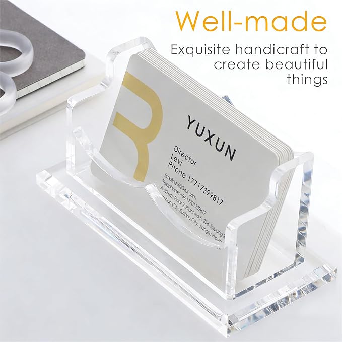 YUXUN Acrylic Business Card Holder for Desk, Business Cards Holder Organizer for women, Clear Business Card Display Stand, 8mm Thicken Acrylic Base, 50+ Business Cards for Office Exhibition Home
