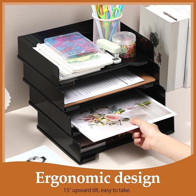DoubleFill 8 Pcs Stackable Letter Tray Rectangular Plastic Desk Organizer 13 x 9.5 x 2.6 in Paper Holder File Tray Accessories Rack for Desktop Office Desk Drawers (Black)