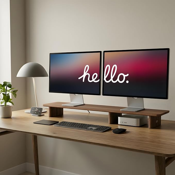 Walnut Dual Monitor Stand Riser - 43.3" Extra Long Wooden Monitor Stand for 2 Monitors, Desk Shelf Organizer for iMac, Laptop & Ultrawide Displays, Natural Wood Grain