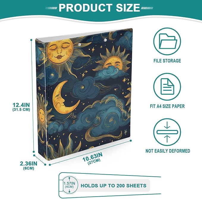 3 Ring Binder Moon Sun Galaxy Astrology 1.5 inch Binders Three Ring Binders with Clipboard Fit 8.5'' x 11'' Paper 3 Interior PVC Clear Pockets for Office Supplies
