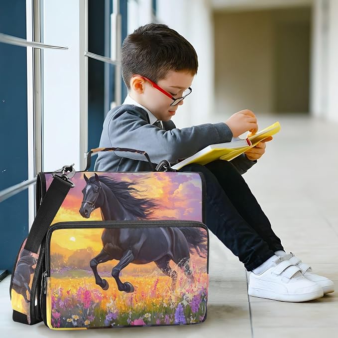 3 Ring Zipper Binder with Shoulder Strap Black Horse Flower Oil 2 Inch Zippered Binder Bag 500 Sheet Capacity Multi Pockets for School Supplies