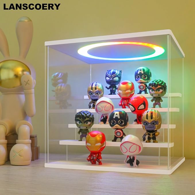 LANSCOERY Acrylic Display Case with RGBW Lights, 5 Tier White | 11.8 x 11 x 11.8 in case displays small figures on desks or shelves with tiered rows and front access.