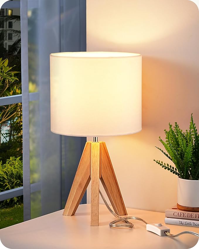 EDISHINE Small Cute Table Lamp, Wood Tripod Nightstand Lamp, 14.2 Inch | ON/Off Switch, E26 Socket, Linen Fabric Shade, Mid Century Bedside Lamp for Nursery, Living Room, Bedroom, End Table