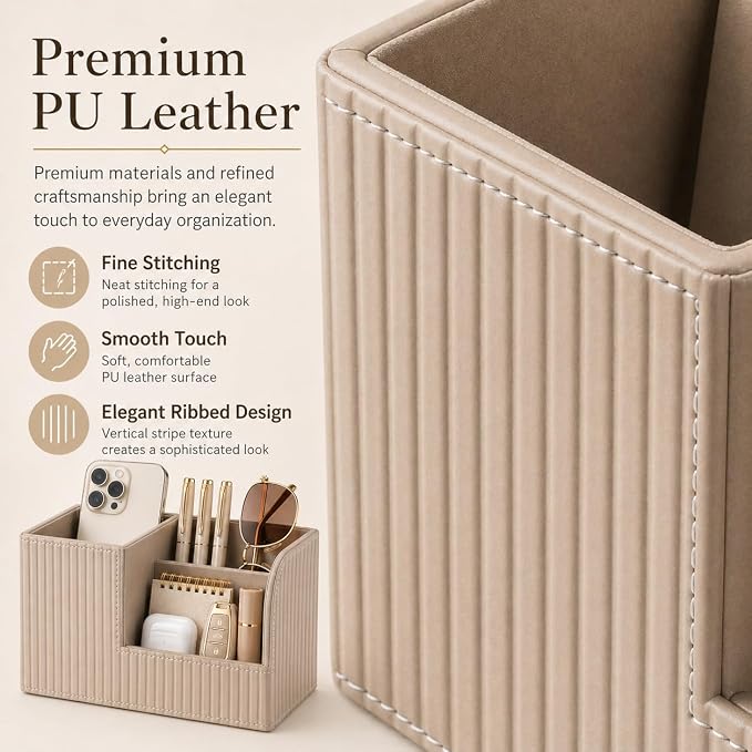 Desk Pen Organizer Office Supplies Caddy Pu Leather Multi-function Storage Box Pen/Pencil,Cell phone, Business Name Cards Remote Control Holder (Mocha Beige)