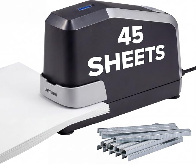 Bostitch Office Impulse Heavy Duty Electric Stapler Value Pack, 45 Sheet Capacity, Includes 5,000 Staples, No-Jam, Faster Stapling, Silver