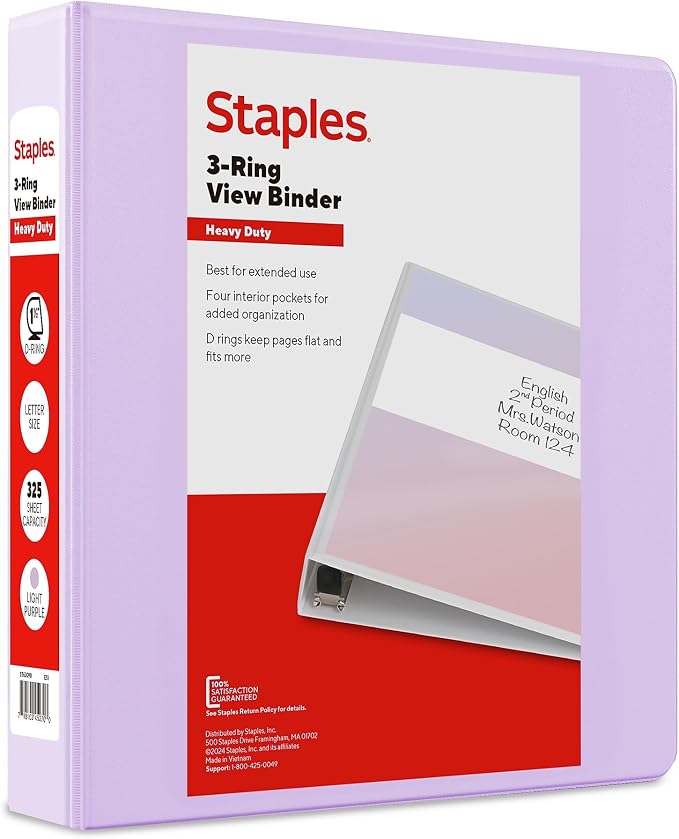 Staples Heavy Duty 1 1/2" 3-Ring View Binder, D-Ring, Light Purple