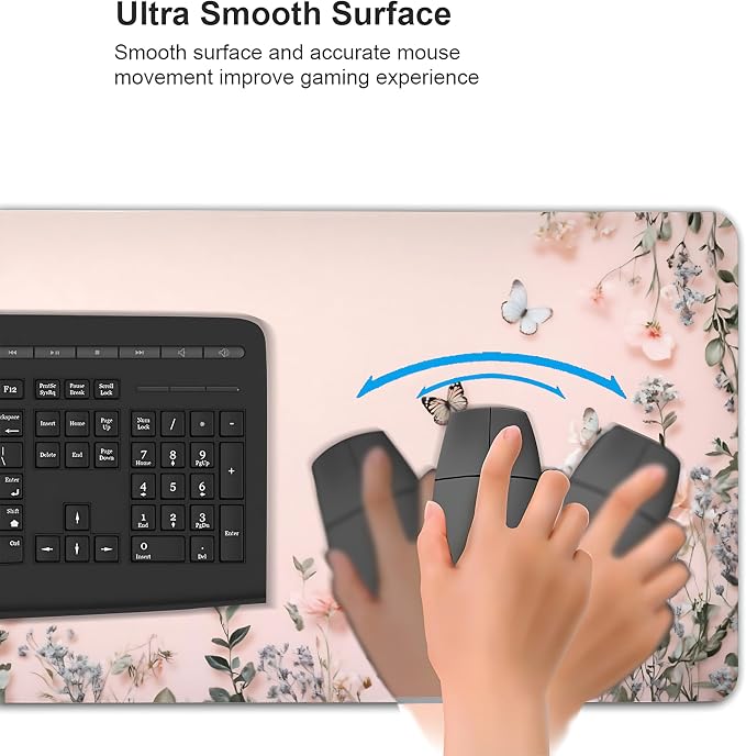 Cute Floral Aesthetic Wildflower Large Mouse Pad, Pink Macaron Desk Mat with Anti-Slip Base & Stitched Edges, Computer Keyboard & Laptop Pad, 35.4" x 15.7" in in Workstation Accessories