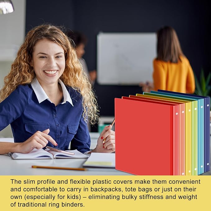 Fulmoon 48 Pack 3 Ring Plastic Binders 1.5 Inch Bulk with 2 Pockets, Flexible Binder Loose Leaf Hardcover, Fit 12" x 10" US Letter Size Paper, for School Office Home, 6 Colors(Vibrant)