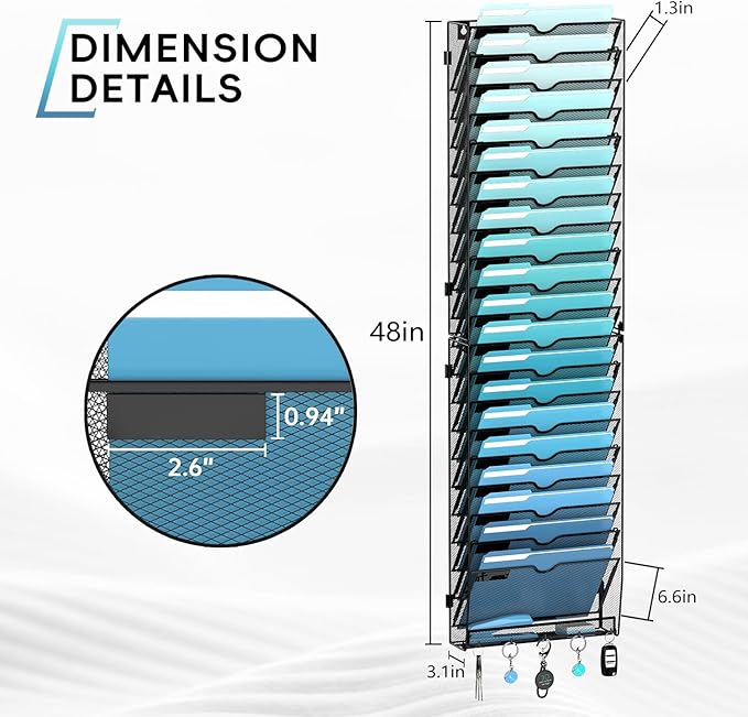21-Tier Wall File Organizer and Mail Organizer with 5 Hooks, Black | Label slots, curved openings, 5 key hooks, and a bottom tray support organized mail, file, and everyday item storage.