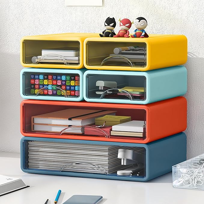 Desk Organizer with Drawers, Stackable Storage Drawers with Compartments Desktop Organization for Office Supplies, Makeup, Pencils, Tape, Erasers, Paperclips, Chargers (2S2M)