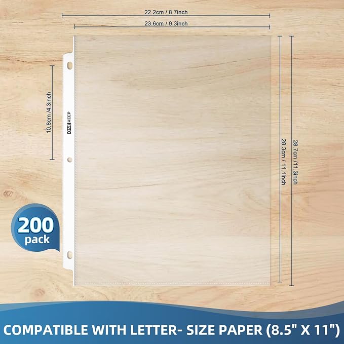 200 Pack Sheet Protectors, Top Loading Reinforced 3-Hole Page | Protectors for 3-Ring Binders, Fits Standard 8.5" x 11" Letter Size Paper, Perfect for Documents & Photos, Office Supplies