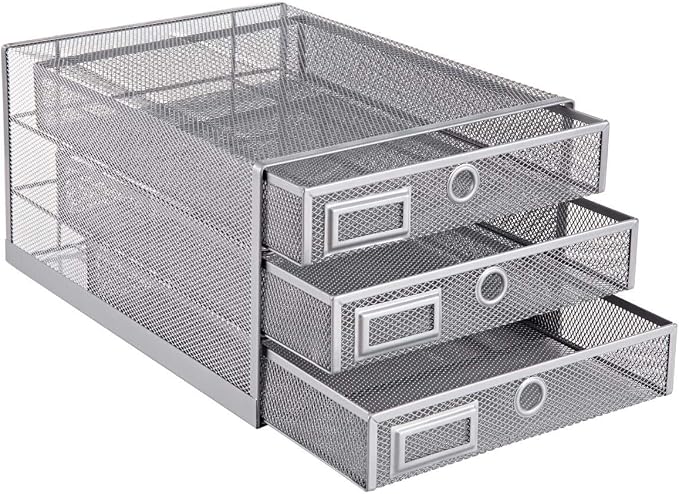 Annova Desk Organizer Wire Mesh 3 Tier Sliding Drawers Paper Sorter/Multifunctional/Premium Solid Construction for Letters, Documents, Mail, Files, Paper, Kids' Art Supplies (Silver)