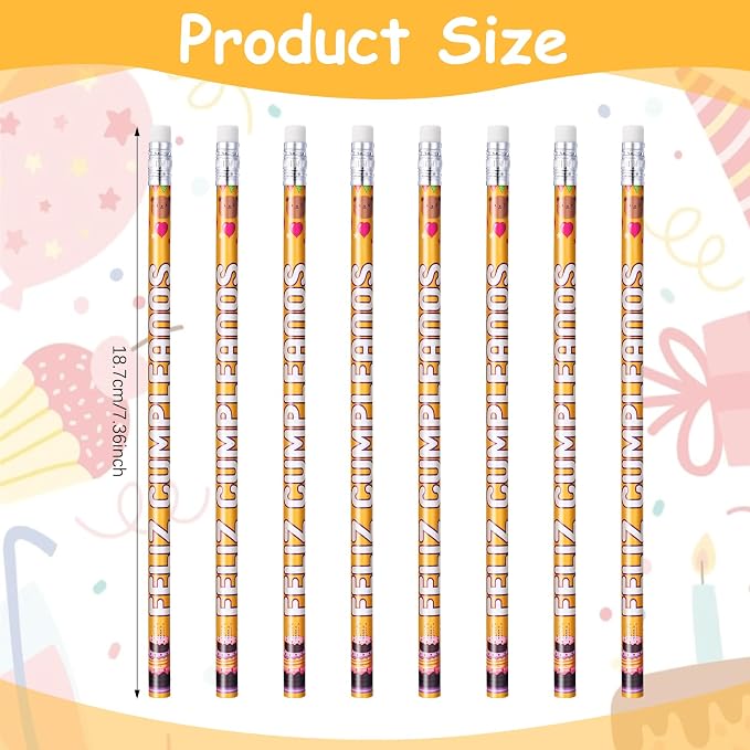 Tenceur 100 Pcs Feliz Cumpleanos Pencils Spanish Happy Birthday Pencils with Top Erasers Writing Materials Gifts for Birthday Party Supplies Reward Favors