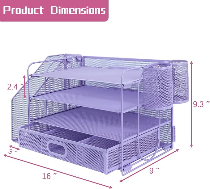 Desk Organizers and Accessories with File Holder, 4-Tier Paper Letter Tray Organiser with Drawer and 2 Pen Holder, Mesh Desktop Document Organizer for Office Supplies, Workspace - Purple