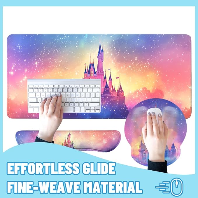 Castle Mouse Pad Set Fantasy Sunset Sky Dreamscape Gaming Mousepad 4in1 Desk Mat for Desktop Wrist Support Cup Coaster Set Ergonomic Computer Desk Arm Wrist for Decor Home Office