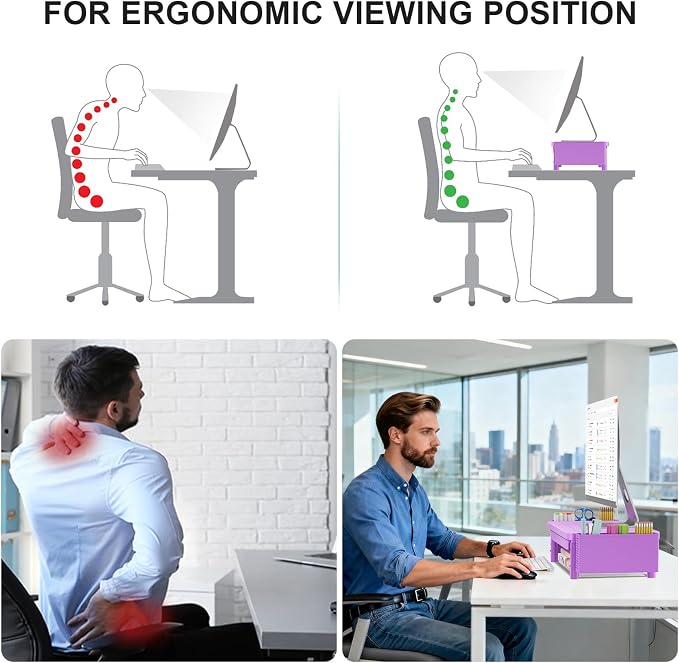 WALI Computer Monitor Stand with Storage, Desk Organizer with Drawer and Pen Holder, Desk Monitor Riser 3 Height Adjustable, Laptop Riser for Laptop, Printer (PTT003-V), 1 Pack, Violet