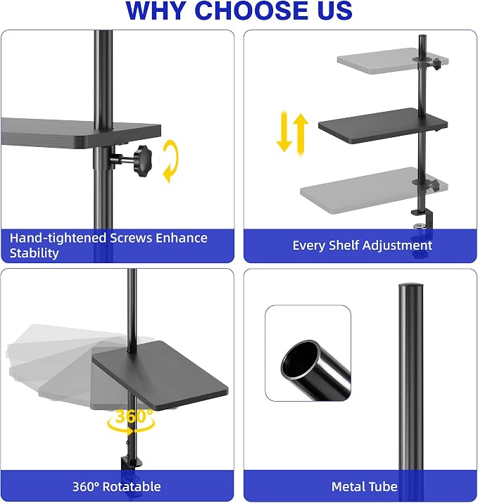 3 Tiers Clamp On Desk Shelf, 360° Angle Adjustable Desktop Shelf Organizer for Home Office Gaming Room, No Drill Desk Extender Adapt to 0.4-2.16 inches Table Thick, Black Brown