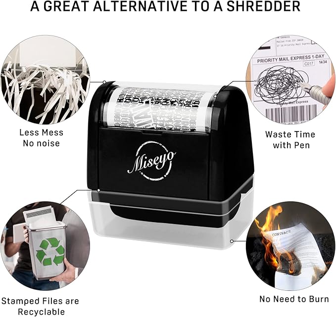 Miseyo Identity Theft Protection Roller Stamp Set - Black (6 Refill Ink Incleded)