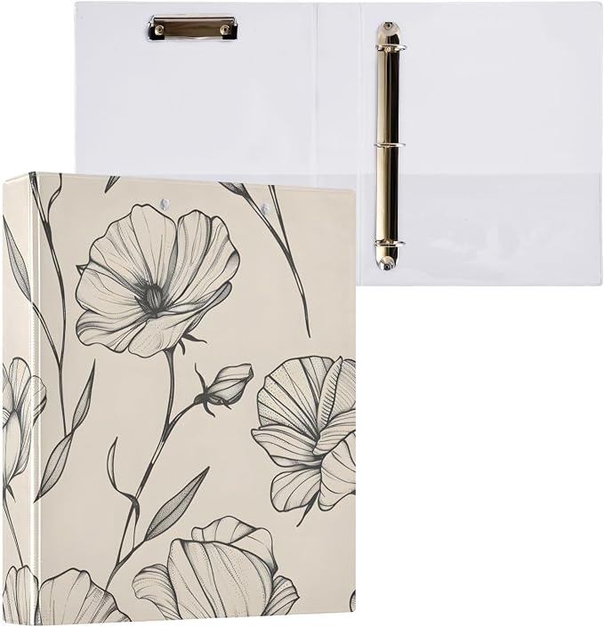 3 Ring Binder Black White Floral Vintage 1.5 inch Binders Three Ring Binders with Clipboard Fit 8.5'' x 11'' Paper 3 Interior PVC Clear Pockets for Office Supplies