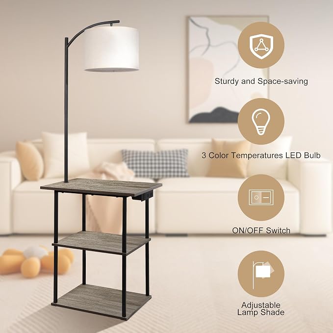 PESRAE Floor Lamp with Tables, End Table with Charging Station(USB & Type-C & AC Port), 3 Color Temperatures 9W LED Bulb, Modern Shelves Side Table for Office, Living Room