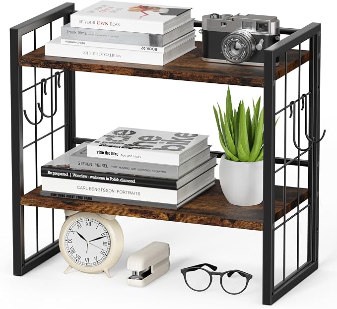 2-Tier Desktop Bookshelf, Desk Shelf Organizer, Rustic Brown | Adjustable Height & 3 Assembly Options, 4 Removable Hooks Provide Extra Storage for Supplies, Books & Home Decor
