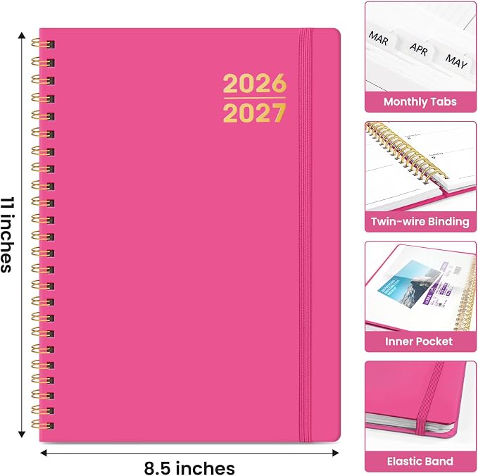 Taja Planner 2026-2027, Jul 2026-Jun 2027 Monthly & Weekly Calendar Book | 8.5" x 11", Hardcover Academic Calendar with Tabs, Teacher Student Agenda Book for School Office Supplies - Berry Pink