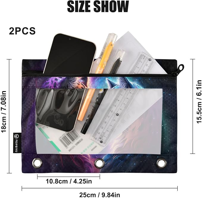 Cheetah Tiger Galaxy Pencil Pouch for 3 Ring Binder, 2 Pack Waterproof Pencil Bags Clear Window Pencil Case Zipper School Office Supplies