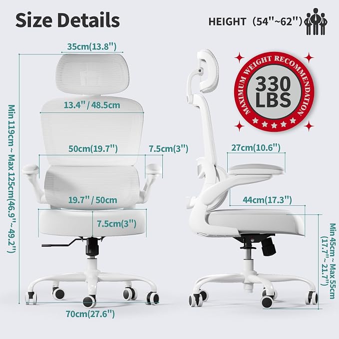 TRALT Office Chair Ergonomic Desk Chair - Gaming Chair with Lumbar Support | 330 LBS Home Office Desk Chairs with Headrest, Reading Chair with Flip-up Armrests, Comfortable Computer Chairs (1, White)
