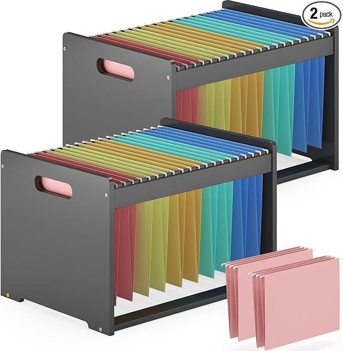 Bamboo Hanging File Box Organizer, Wood File Folder Storge, Black, 2 Pack