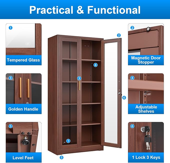 Polup 71" Wood Grain Metal Glass Display Cabinet with Security Lock | 5-Tier Curio Case & Tempered Doors, 4 Adjustable Shelves, Heavy-Duty China Storage for Living Room, School & Commercial
