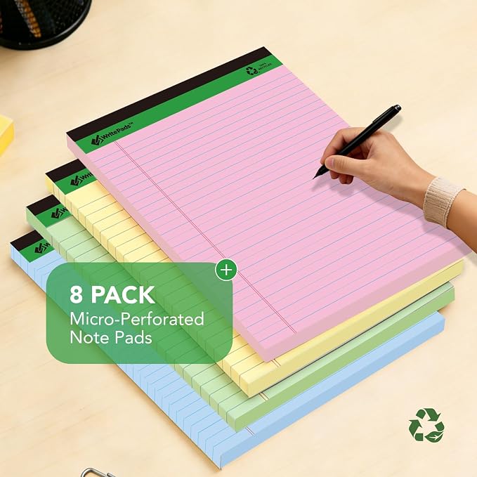 KAISA Colored Legal Pad 15lb Recycled Paper Writing Pad, 4pcs 5"x8" Narrow Ruled and 4pcs 8.5x11 inch Wide Ruled, 50 Sheets, Mixed 8pads, KSU-7358