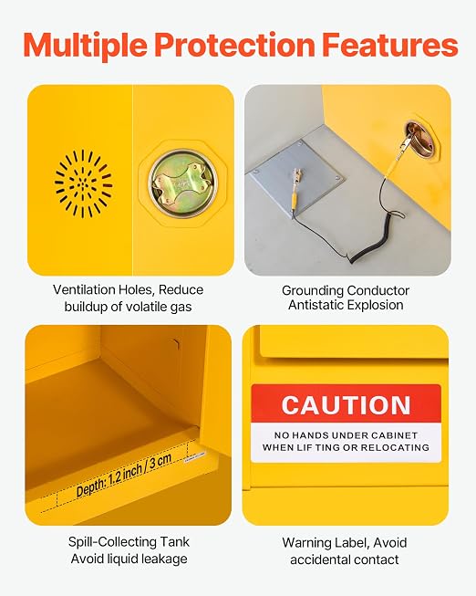 VEVOR Flammable Cabinet, 23.2 x 18.1 x 35.4 Inch, 13 Gallon Flammable Storage Cabinet with Adjustable Shelf, Cold-Rolled and Galvanized Steel Fire Cabinets, for Commercial Industrial Home Use, Yellow