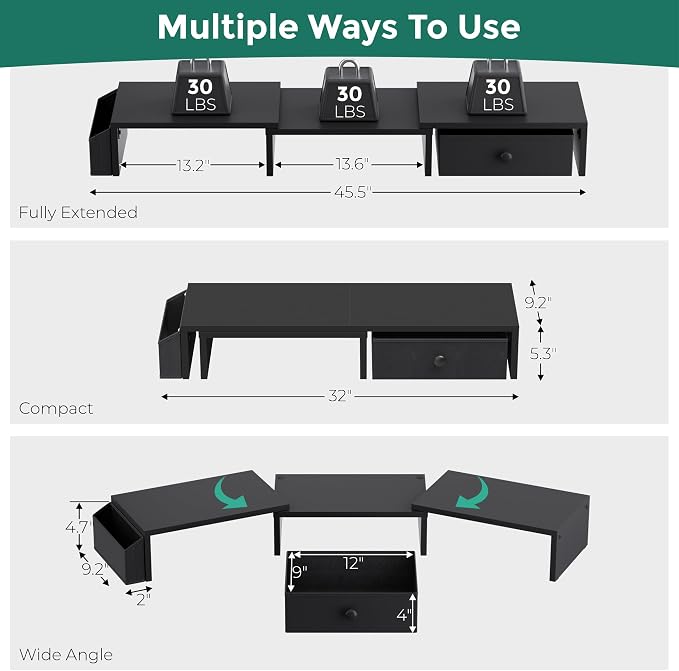 Dual Monitor Stand Riser, Adjustable Length & Swivel Angle Monitor Stand, Ergonomic Monitor Stand with Drawer & Side Pockets, Desktop Organizer and Office Desk Accessories, Black