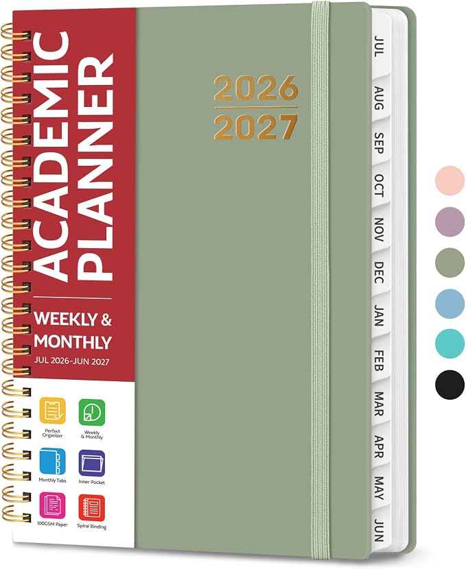 Taja Planner 2026-2027, Jul 2026-Jun 2027 Monthly & Weekly Calendar Book | 6.3" x 8.5", Hardcover Academic Calendar with Tabs, Teacher Student Agenda Book for School Office Supplies - Green