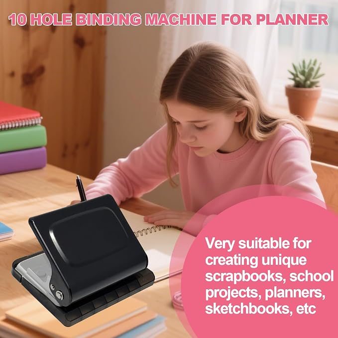 10 Hole Punch Binding Machine for Planner, Manual Binding System with 10 Multi-Color Binder Rings for Making 26 Holes on B5, 30 Holes on A4, 20 Holes on A5 Book, 10 Sheet Capacity - Black