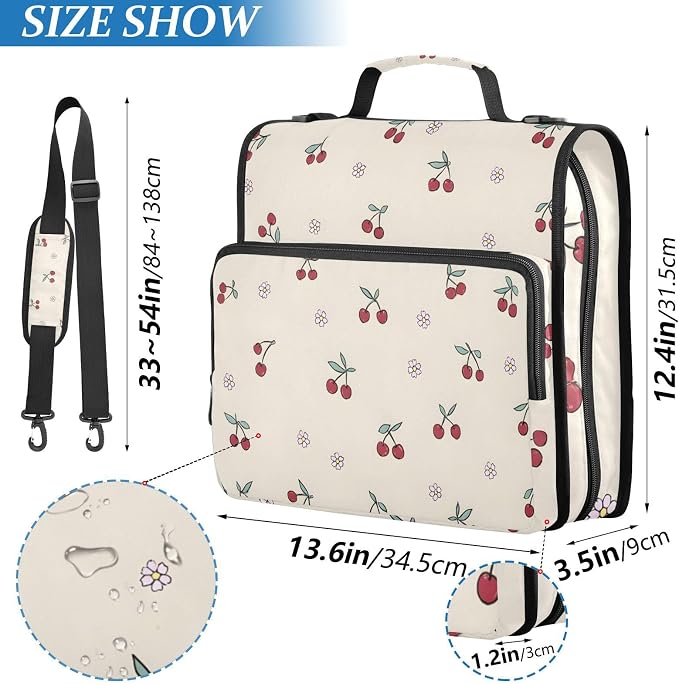 Zipper Binder 3 Ring Binder with Shoulder Strap Cherry Flower Pattern 500 Sheet Capacity Storage Organizer File Folder