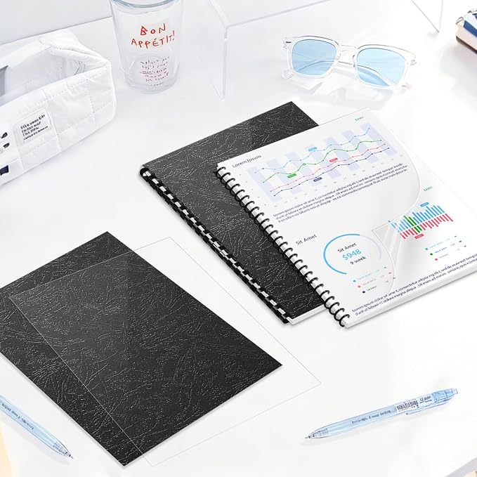 HOUYEE Binding Covers and Combs Set, 8.5x11 Inches, Including 50 Pcs Leather Texture Paper Binding Covers, 50 Pcs 8 Mil Clear PVC Sheets and 20 Pcs Assorted Combs | 50Pcs 8Mil Clear Binding Covers, 50Pcs 10Mil Black Leather Texture Paper Backs, 20Pcs 3...