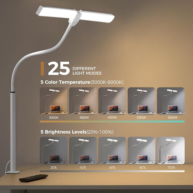 Motumen Led Desk Lamp for Home Office, Eye-Care Desk Light Clamp, White | Smart Double Head Computer Monitor Table Clip Lamp, Adjustable Flexible Goose-Neck, 25 Lighting Models, Task Lamp