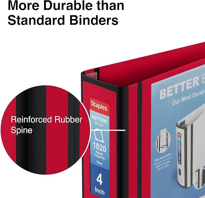 Staples Better Binder, 4 Inch D-Ring, Red, Reinforced Spine | High-capacity 3-ring view binder for school, office, and home document use.