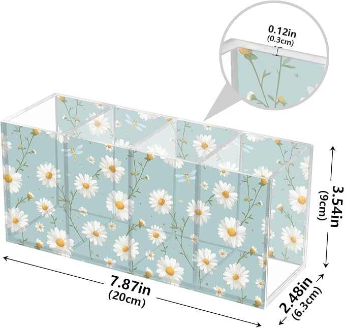 White Daisy Acrylic Pencil Pen Holder Desk Accessories Holder, Cosmetic Brush Organizer Modern Design Desktop Stationery Organizer for Office School and Home 7.87 x 2.48 x 3.54 In