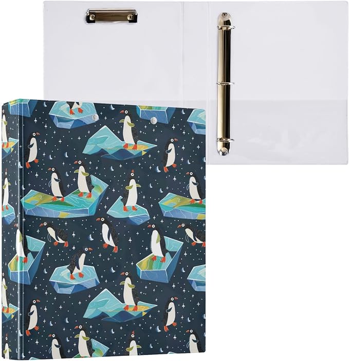 Funny Penguin Glaciers Black 3 Ring Binder 1.5" Decorative D-Ring Binder with Clipboard&3 Clear Pockets, Holds 200 Sheets A4 Size Paper Waterproof Binders for School Home Office|2 Pack