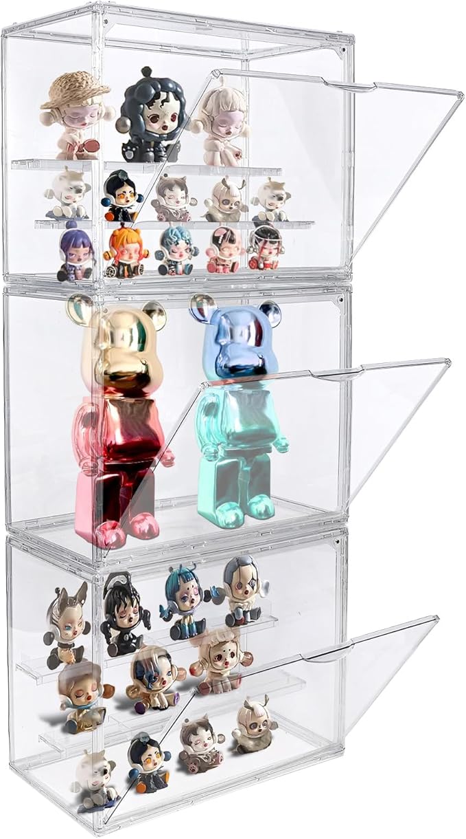 POLRAI 3 Packs Display Boxes for Figures Stackable Detachable Display Stand Dustproof Showcase Storage for Collectibles and Action Figures Mini Toys (3 Tiers)