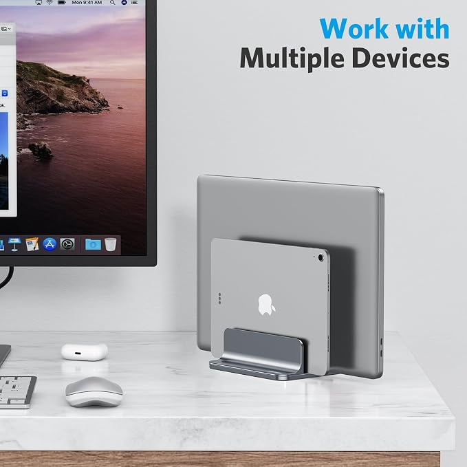 OMOTON Dual Vertical Desk Laptop Stand Holder, Fits MacBook Air/Pro, Grey | Aluminum Laptop Storage Rack for Desk, Adjustable Dock for Up to 17.3 in. Gaming Laptop, Space-Saving Desk Organizer