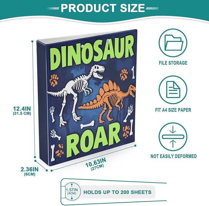 Dinosaur Roar Round Ring Binders 1.5 Inch Dragon Dino Skull 3 Ring Clipboard Binder for Office School Work Supplies File Folder Document 200 Sheet Capacity Easy Open