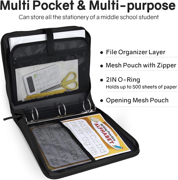 SUNEE Zippered Binder Bag with Handle, 2-Inch 3-Ring O-Ring, 500-Sheet Capacity, Includes Zip Pocket, 5-Tab Expanding File Folder, Multi-Pocket Organizer Binder for Middle School, Black